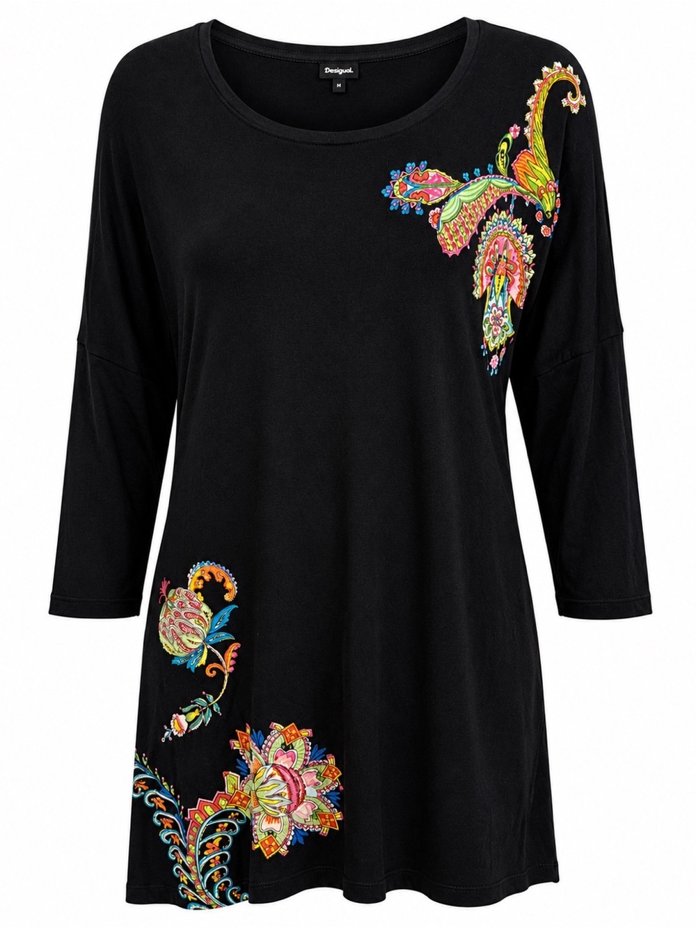 Desigual Black Embroidered Tunic Top Medium Boho Floral 3/4 Sleeve